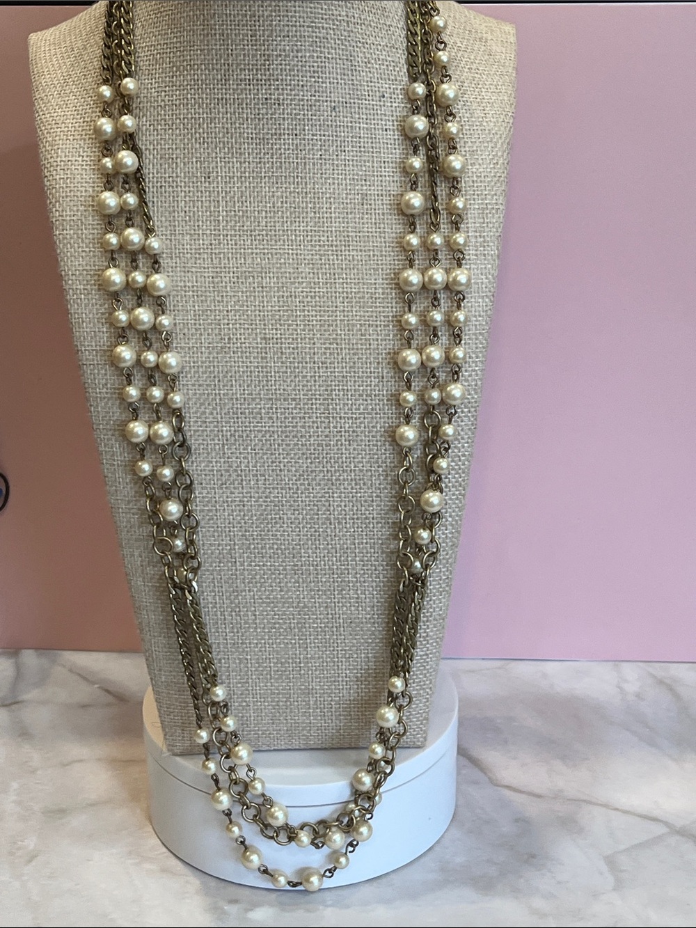J. CREW Signed 28” Long Faux Pearl Necklace Antiqued Brass Chain Layered Boho